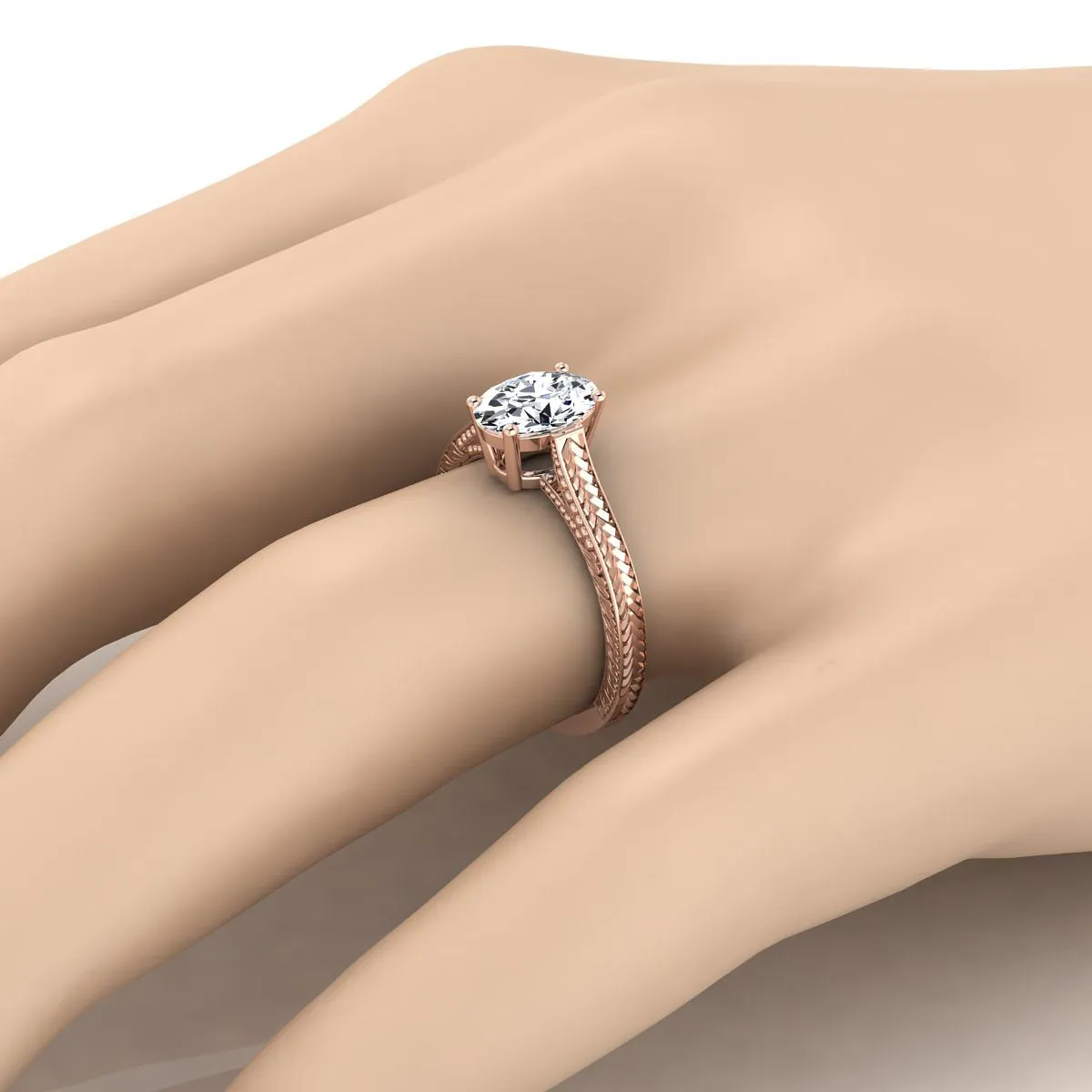 14K Rose Gold Oval Ruby Hand Engraved Vintage Cathedral Style Solitaire Engagement Ring