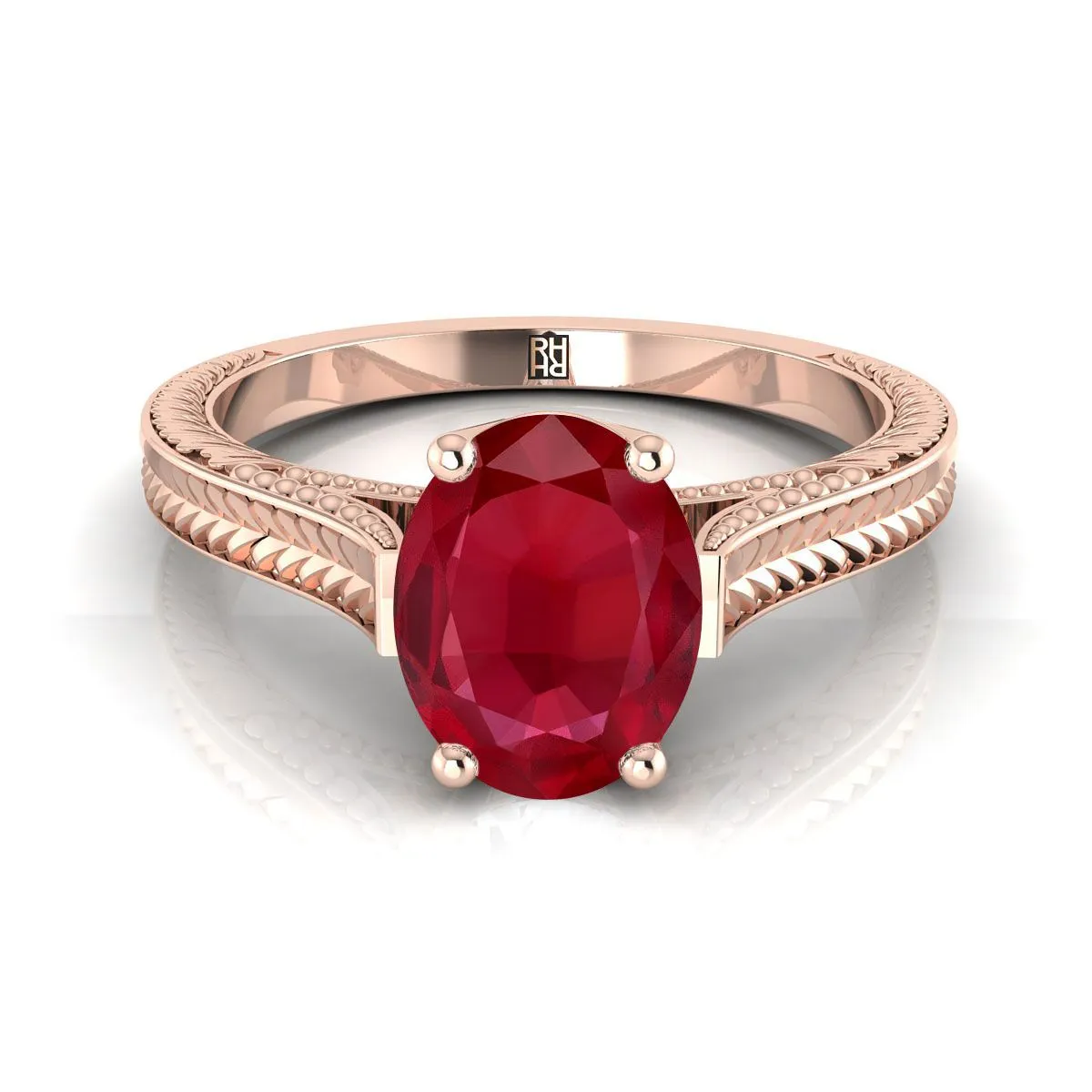 14K Rose Gold Oval Ruby Hand Engraved Vintage Cathedral Style Solitaire Engagement Ring