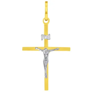 14k Two-Tone Gold Simple Catholic INRI Jesus Crucifix Pendant