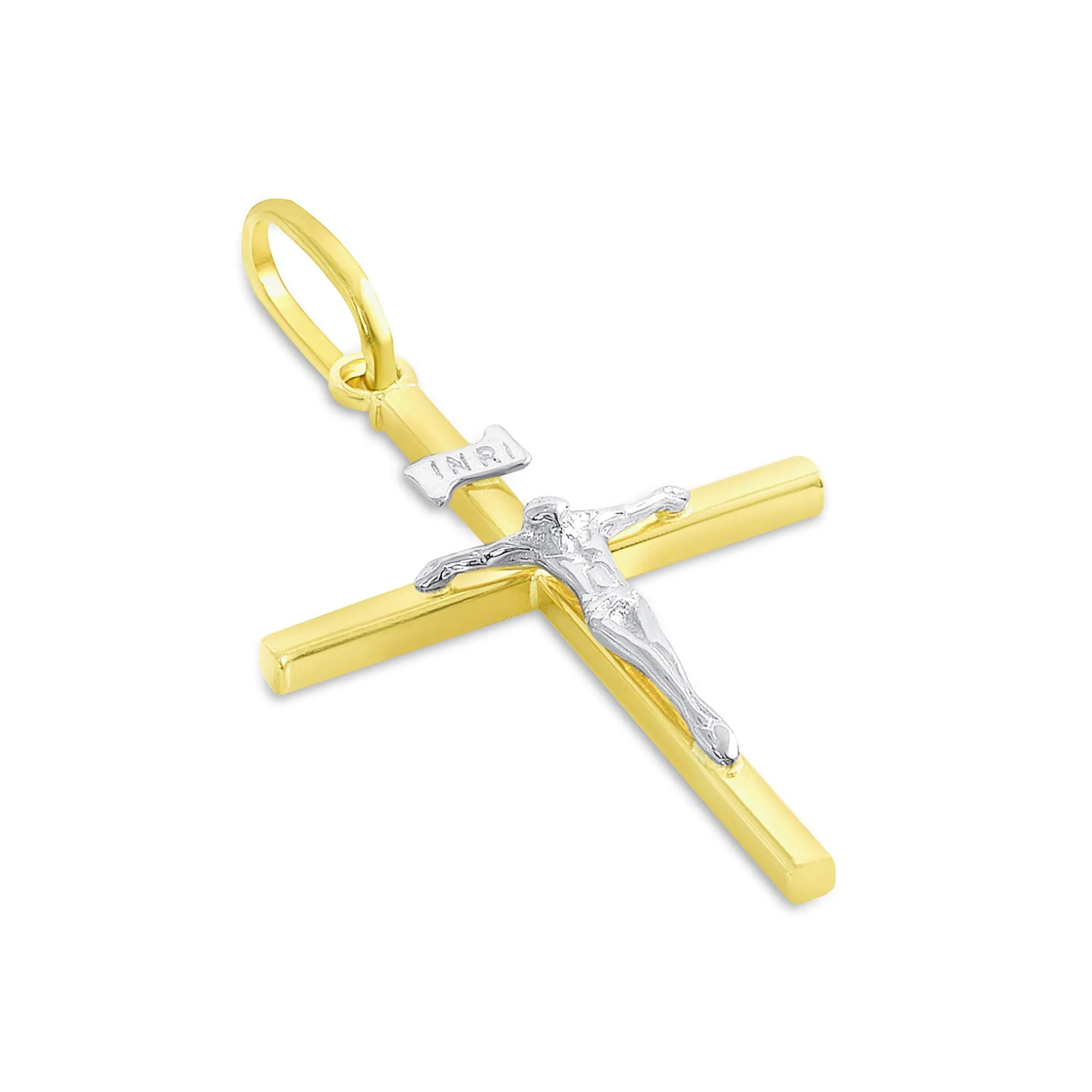 14k Two-Tone Gold Simple Catholic INRI Jesus Crucifix Pendant
