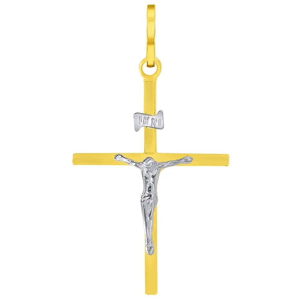 14k Two-Tone Gold Simple Catholic INRI Jesus Crucifix Pendant