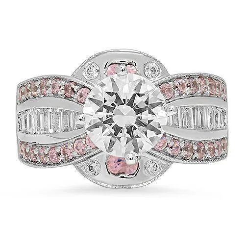 2 Carat Round Cubic Zirconia Engagement Ring Pink Heart Pave 14K White Gold
