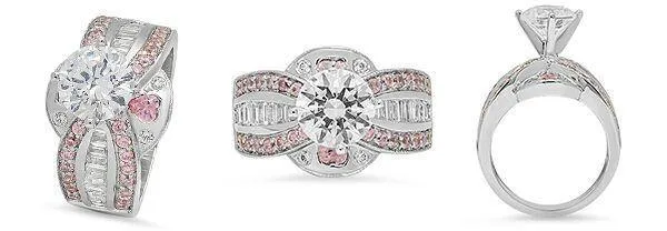 2 Carat Round Cubic Zirconia Engagement Ring Pink Heart Pave 14K White Gold