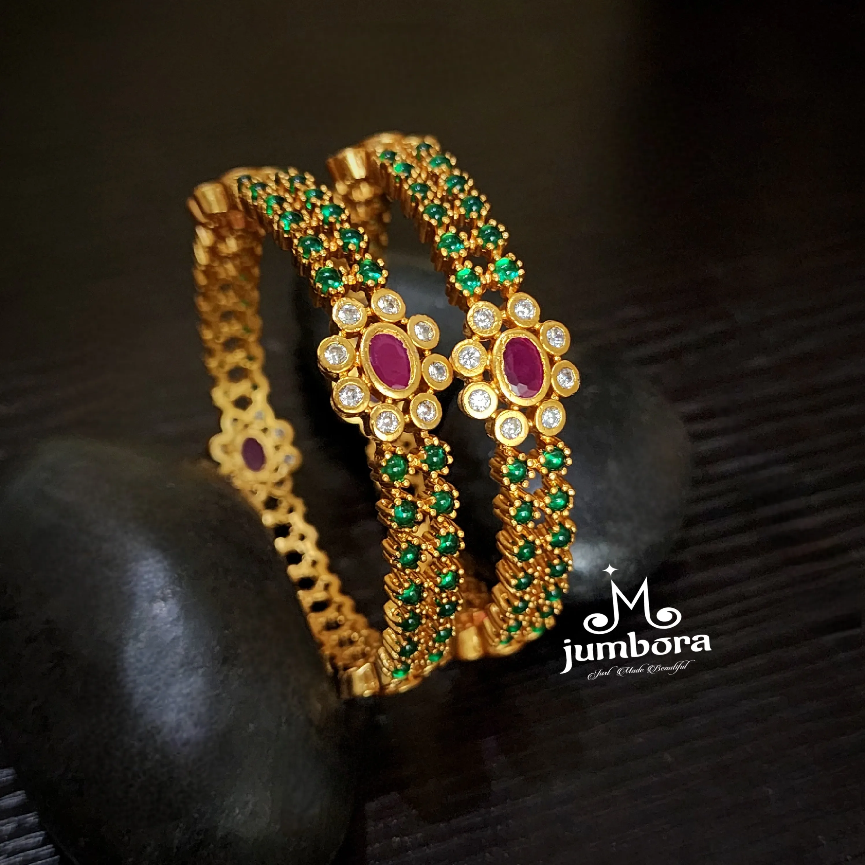 Antique Matte Gold Floral Green Red Kemp & White AD Zircon (CZ) Stone Bangle