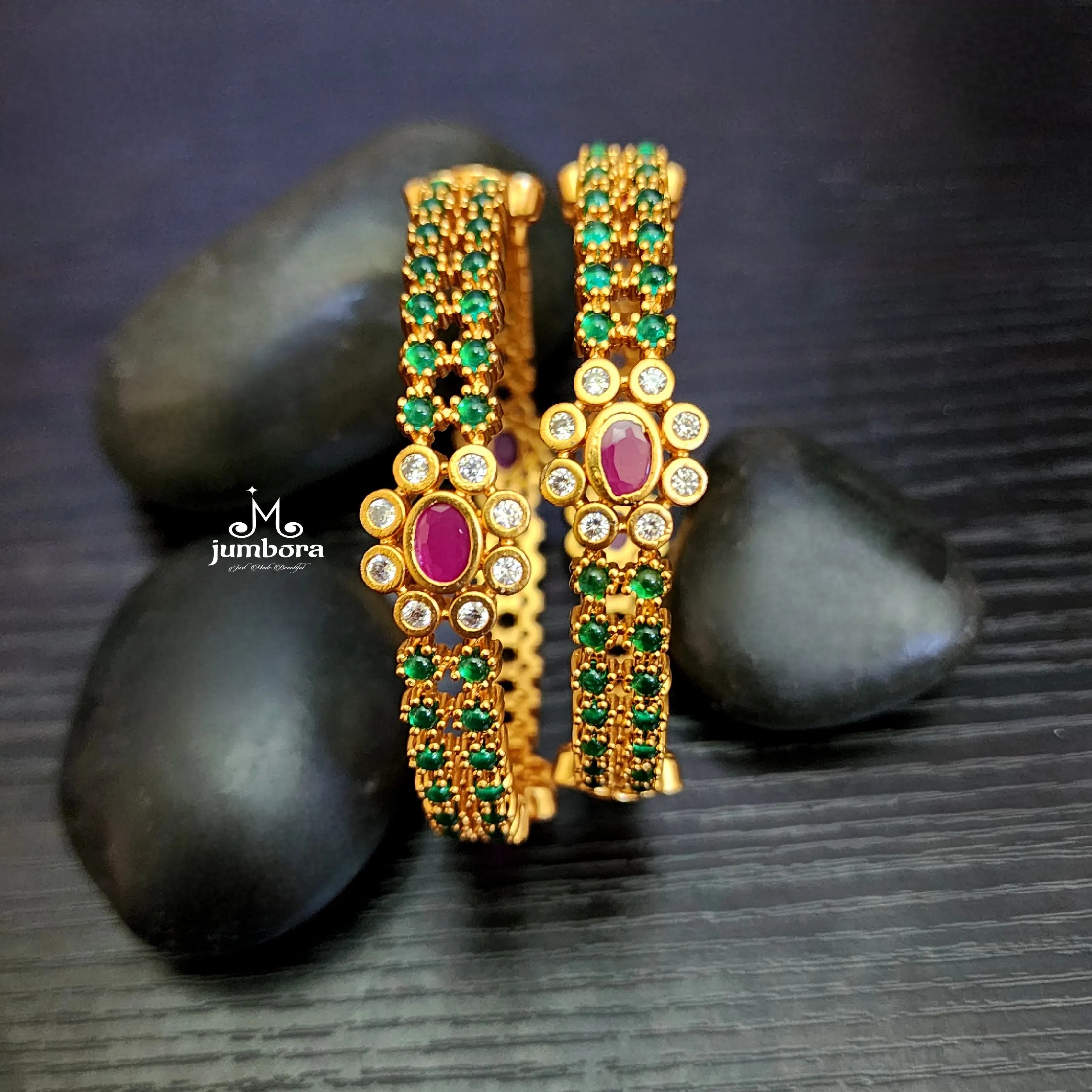 Antique Matte Gold Floral Green Red Kemp & White AD Zircon (CZ) Stone Bangle