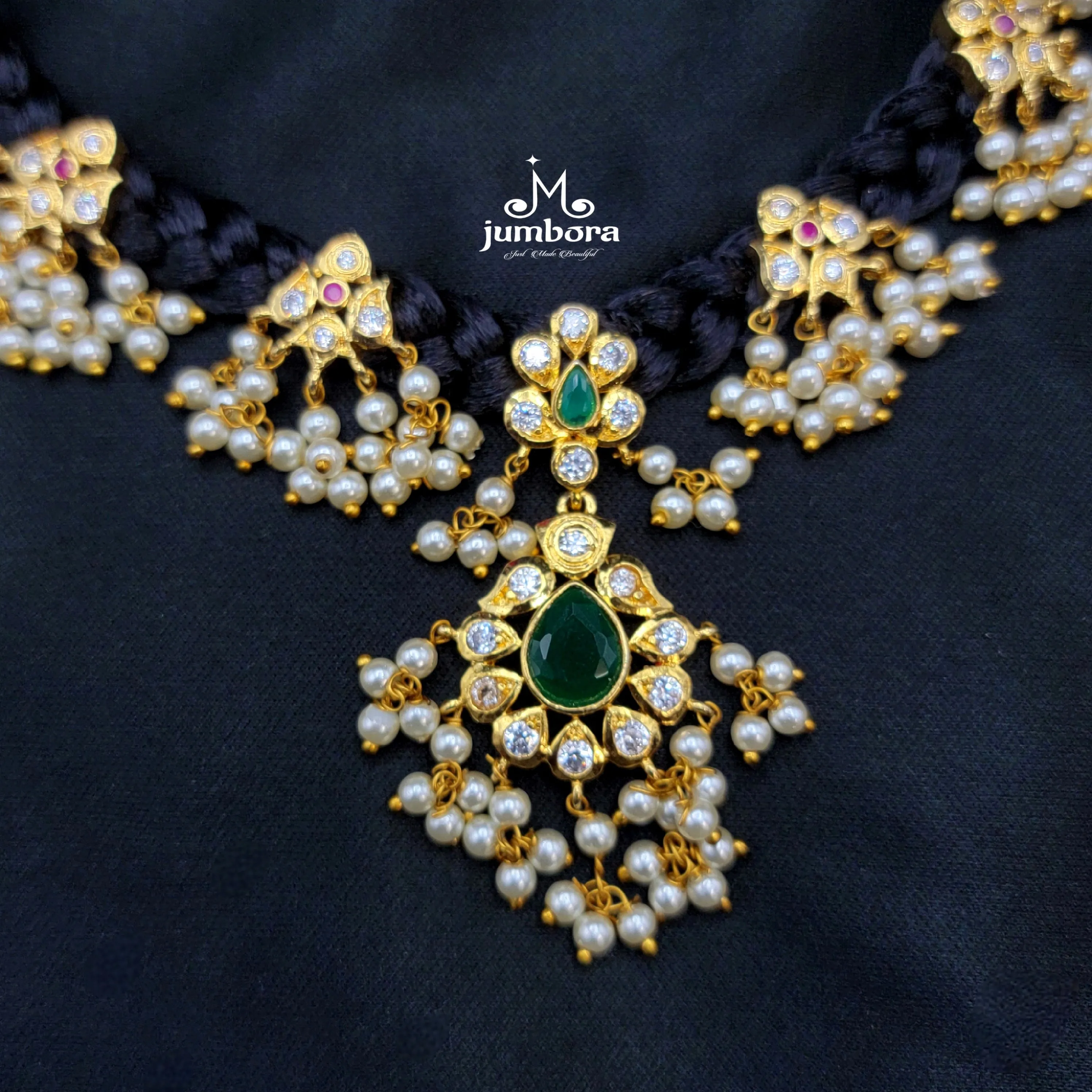 Black Dori Green & White AD Zircon Guttapusalu Necklace Set