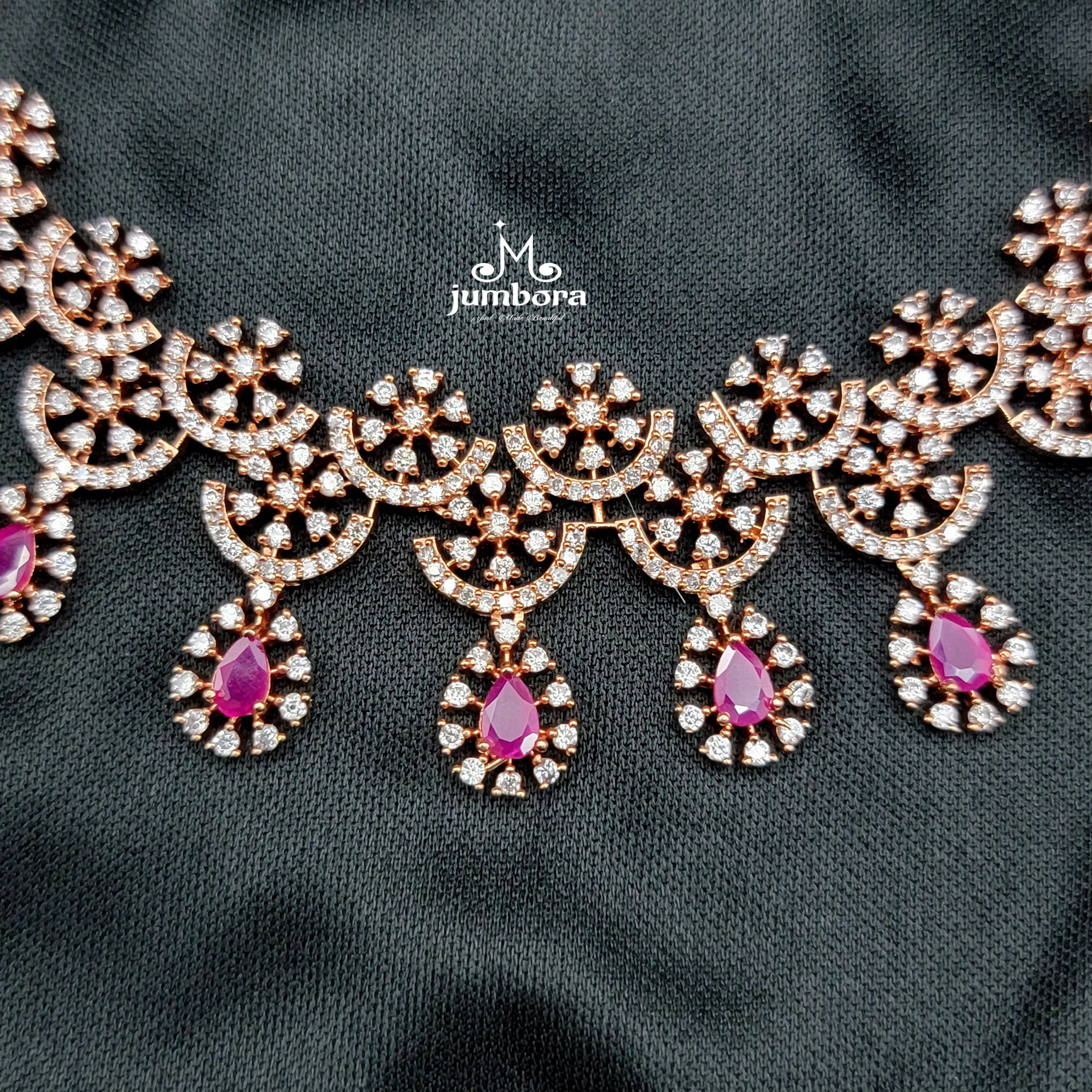 Contemporary Rose Gold Ruby & White AD Zircon Necklace Set