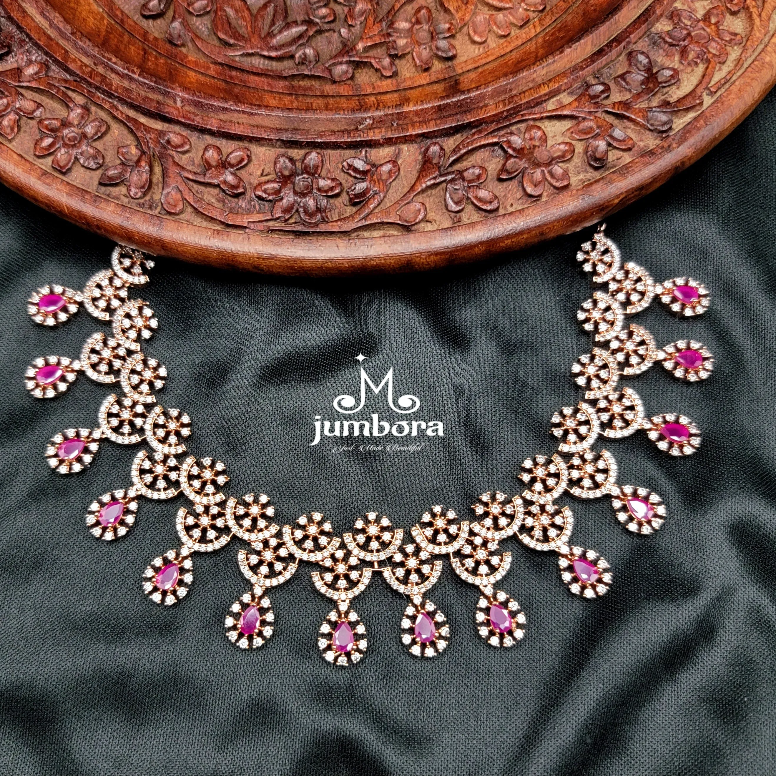 Contemporary Rose Gold Ruby & White AD Zircon Necklace Set