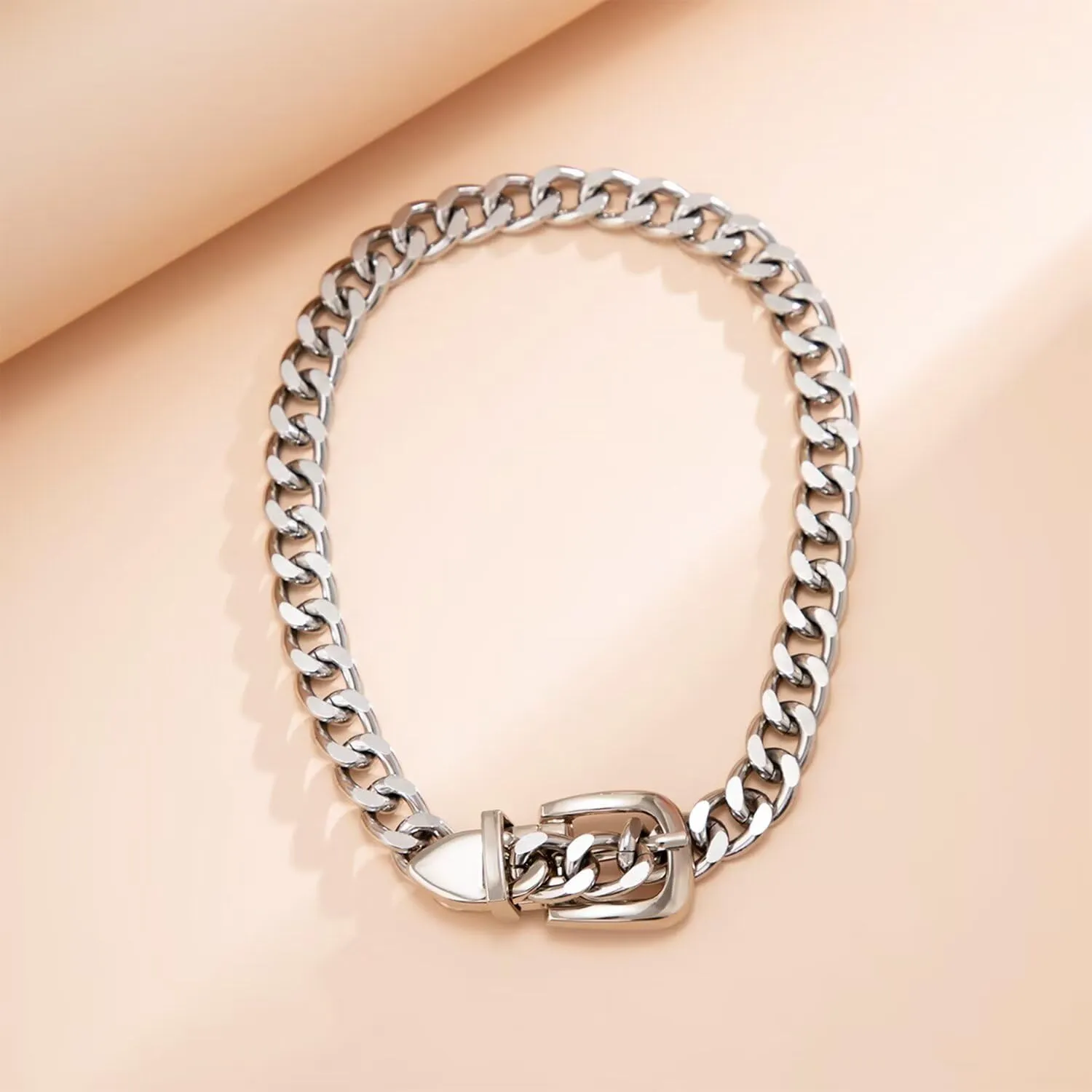 Cuban Link Chain Necklace Punk Belt Buckle Shaped Chunky Choker Necklace Statement Thick Chain Necklace Jewelry Gifts for Women Men