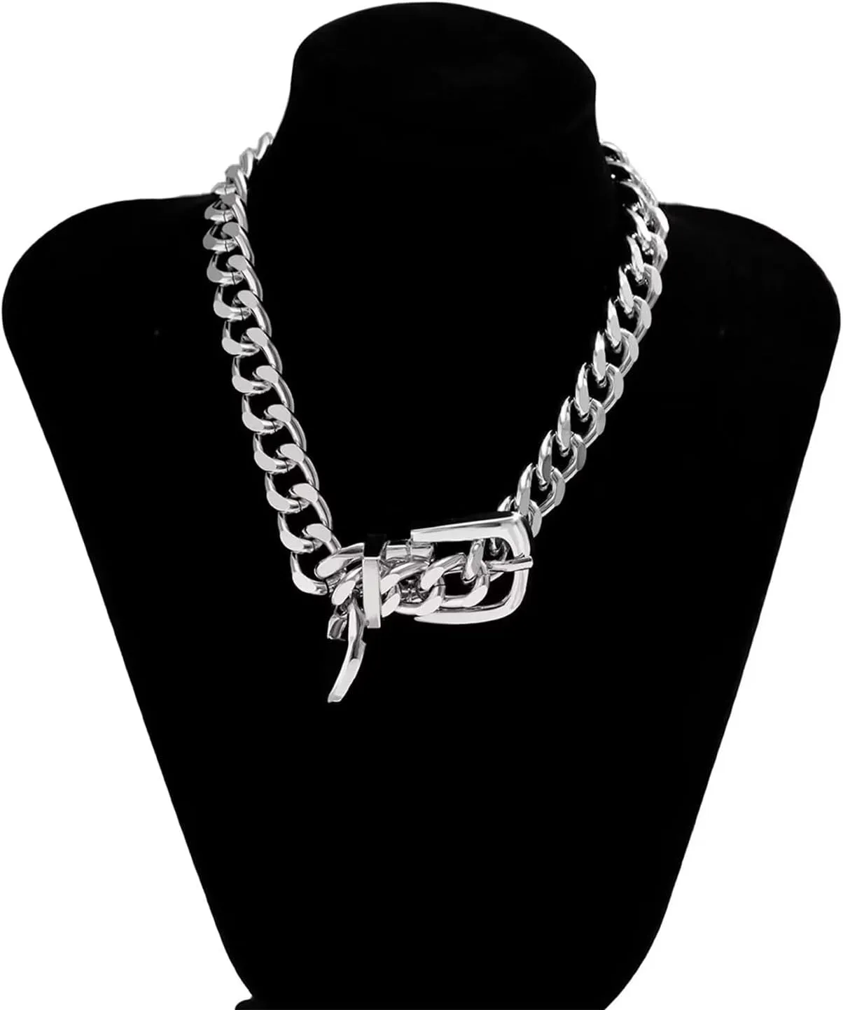 Cuban Link Chain Necklace Punk Belt Buckle Shaped Chunky Choker Necklace Statement Thick Chain Necklace Jewelry Gifts for Women Men