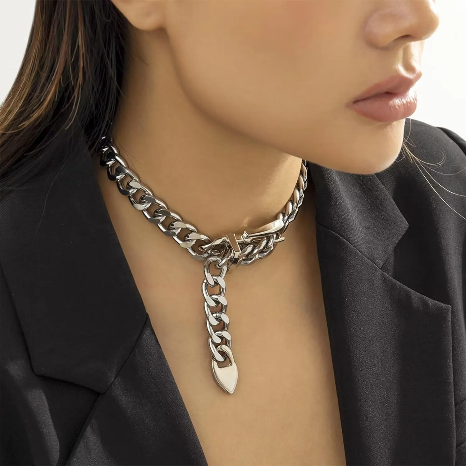 Cuban Link Chain Necklace Punk Belt Buckle Shaped Chunky Choker Necklace Statement Thick Chain Necklace Jewelry Gifts for Women Men