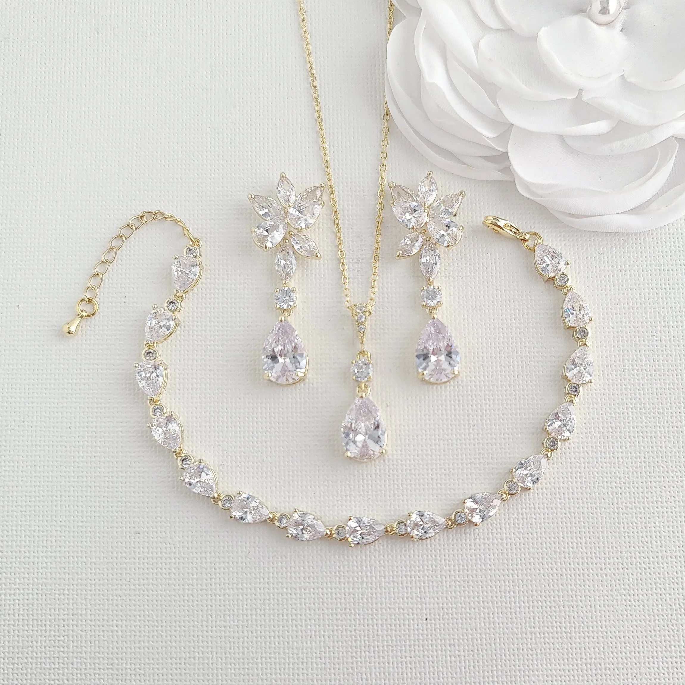 Cubic Zirconia Necklace Earrings Bracelet Set for Wedding-Ivy