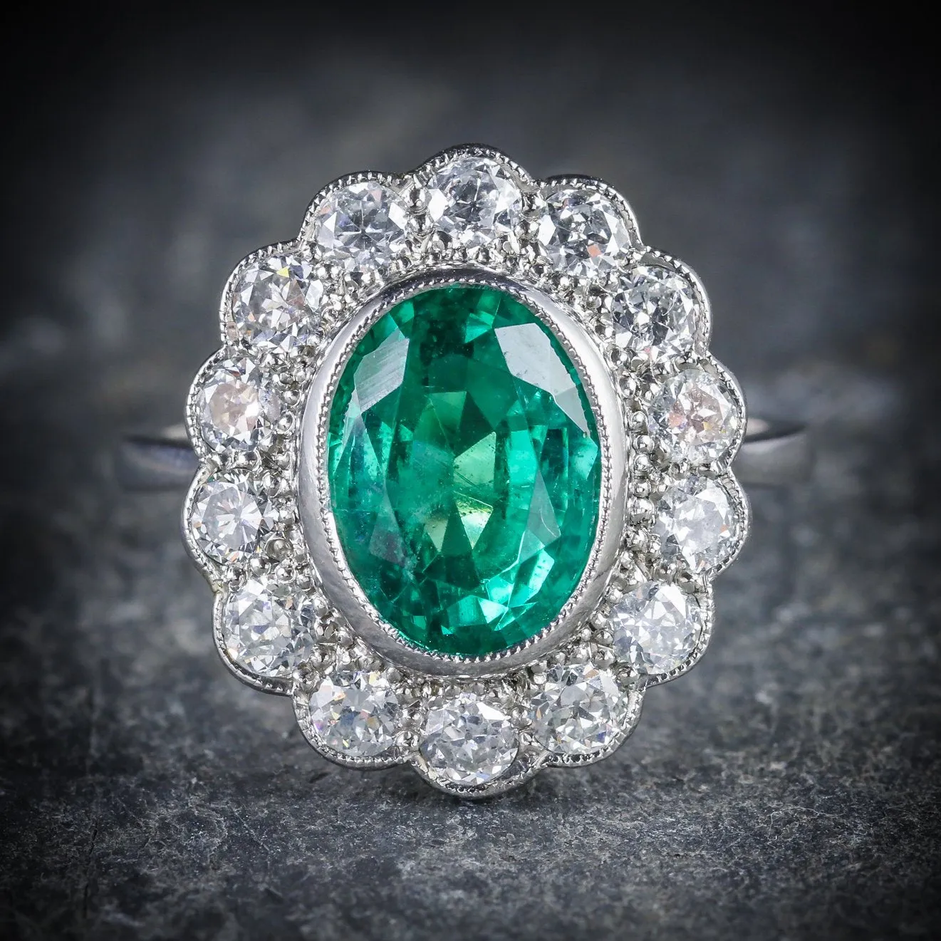 Edwardian Style Emerald Diamond Cluster Ring 3.50ct Emerald