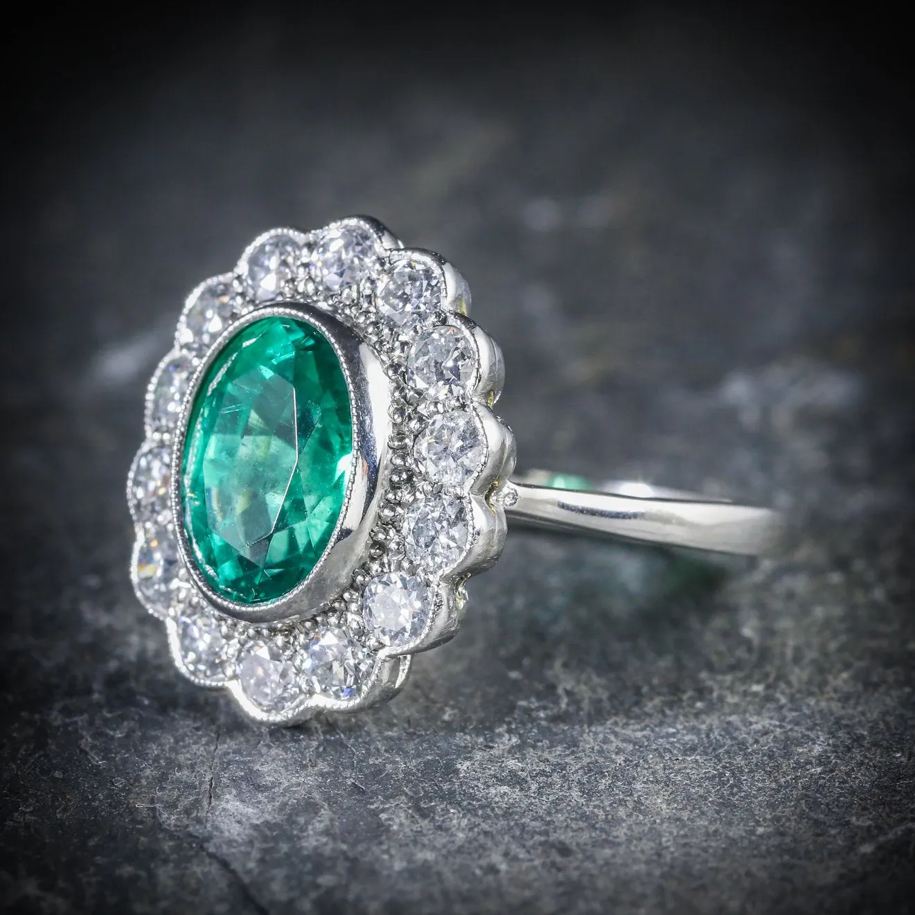 Edwardian Style Emerald Diamond Cluster Ring 3.50ct Emerald