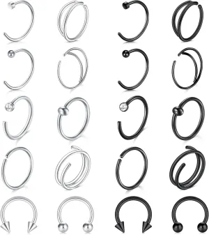 FECTAS 20G Hoop Nose Rings for Women Men C Shape Nose Piercings Jewelry Septum Nose Rings Hoops Nostril Septum Jewelry Cartilage Earrings Silver Black