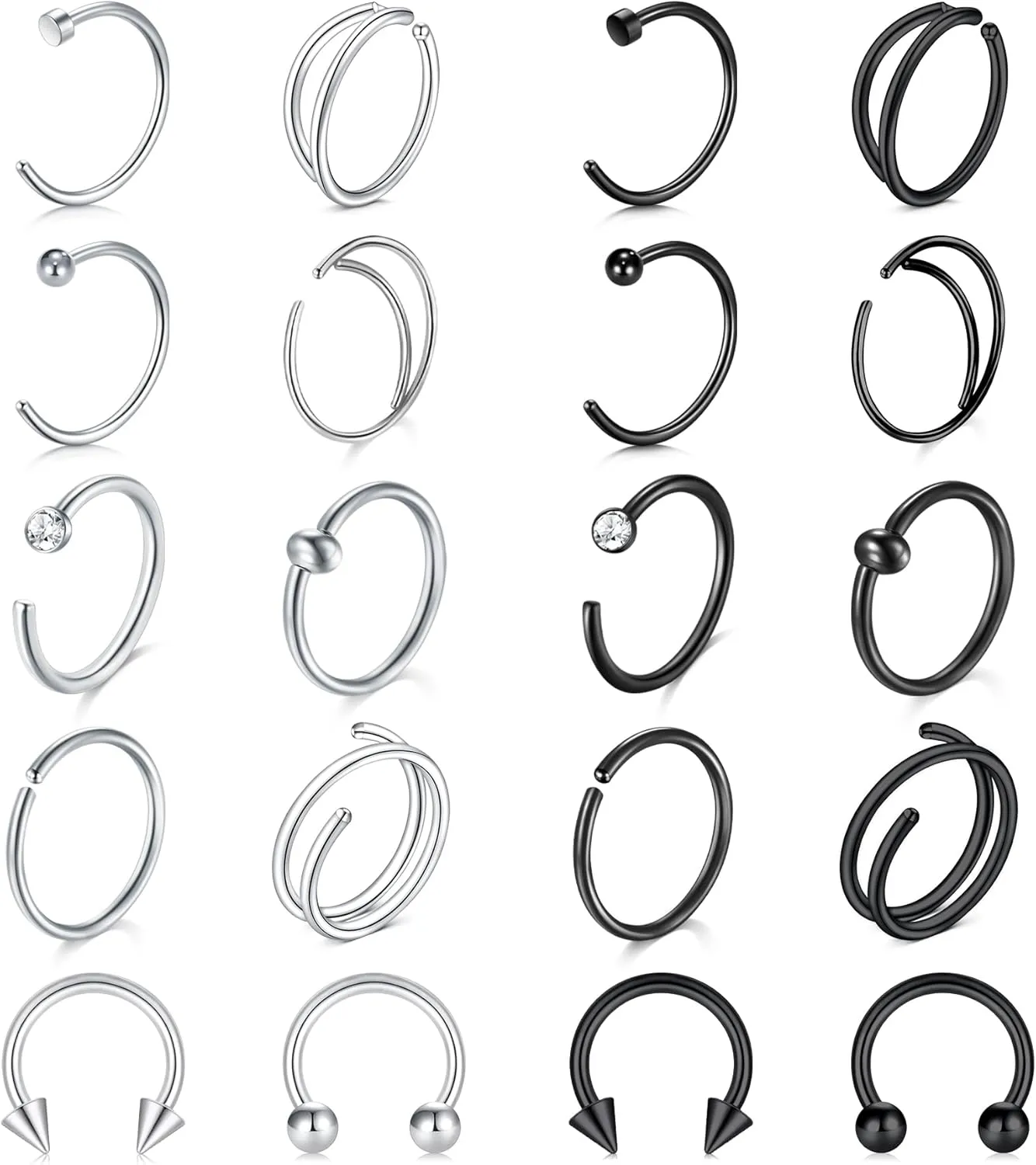 FECTAS 20G Hoop Nose Rings for Women Men C Shape Nose Piercings Jewelry Septum Nose Rings Hoops Nostril Septum Jewelry Cartilage Earrings Silver Black