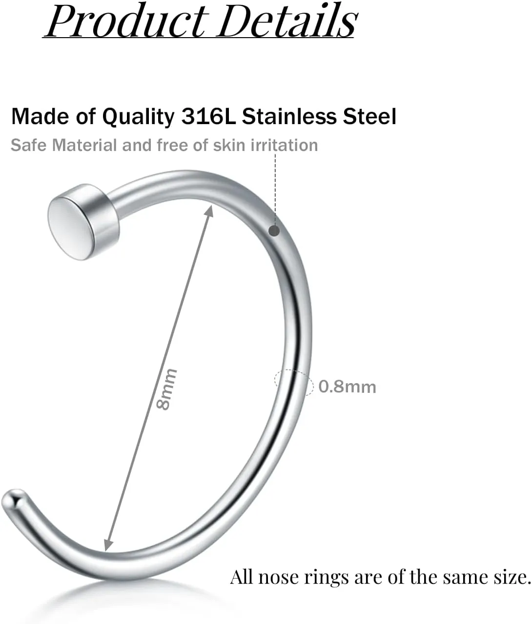 FECTAS 20G Hoop Nose Rings for Women Men C Shape Nose Piercings Jewelry Septum Nose Rings Hoops Nostril Septum Jewelry Cartilage Earrings Silver Black