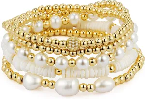 Gold and Pearl Bracelets for Women, Gold Bracelet Stacks, Stretchy Gold Bracelets for Women, Pearl Bracelets for Women Gold, Gold Bead Bracelets, 14K Gold Plated Stretch Bead Ball Bracelet Sets