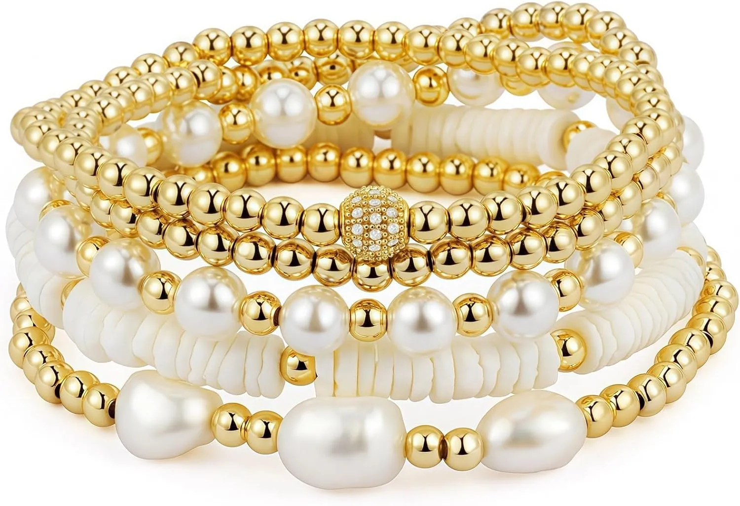 Gold and Pearl Bracelets for Women, Gold Bracelet Stacks, Stretchy Gold Bracelets for Women, Pearl Bracelets for Women Gold, Gold Bead Bracelets, 14K Gold Plated Stretch Bead Ball Bracelet Sets