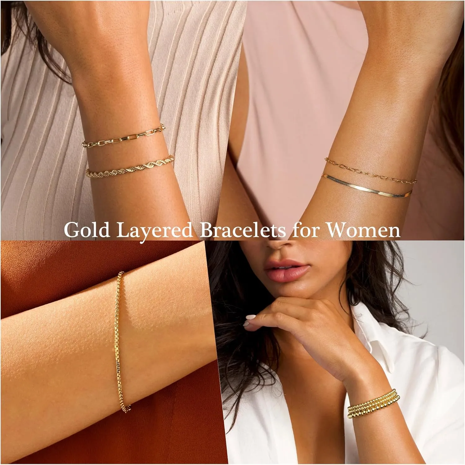 Gold Bracelets for Women - Dainty 18K Gold Plated Trendy Bead Rope Cuban Figaro Paperclip Bracelet Stacks Jewelry Set