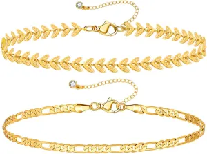 Gold Bracelets for Women - Dainty 18K Gold Plated Trendy Bead Rope Cuban Figaro Paperclip Bracelet Stacks Jewelry Set
