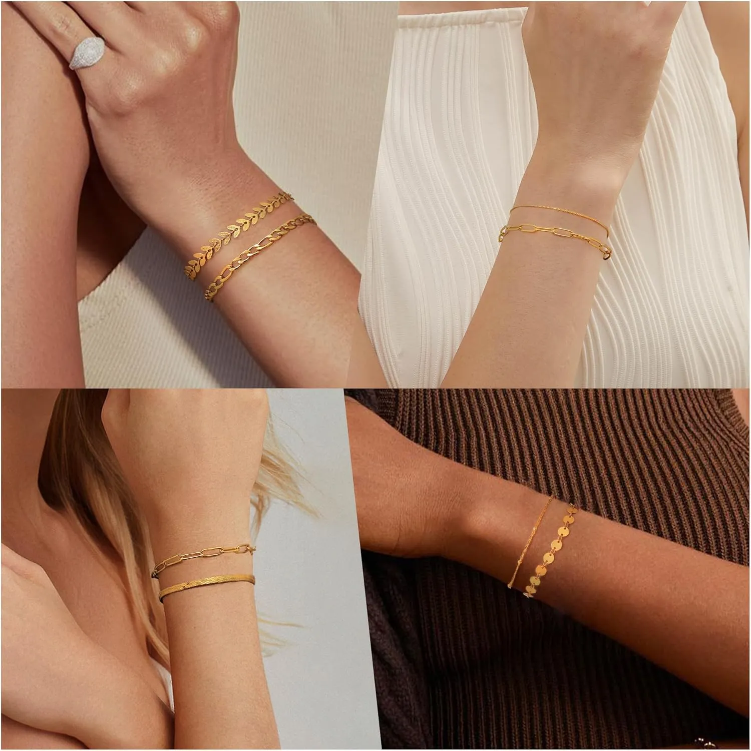 Gold Bracelets for Women - Dainty 18K Gold Plated Trendy Bead Rope Cuban Figaro Paperclip Bracelet Stacks Jewelry Set