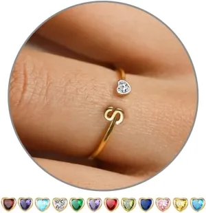JSJOY Birthstone Rings for Women 26 A-Z Initial Ring Adjustable 14k Gold Ring Birthday Gifts for Her Rings for Teen Sister Bridesmaid Gifts Dainty Letter Jewelry
