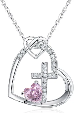 JSJOY Cross Necklace Christian Gifts for Women Heart Birthstone Necklace Religious Birthday Gifts for Mom Daughter Christmas Stocking Stuffers Baptism Confirmation Gifts for Teen Girls