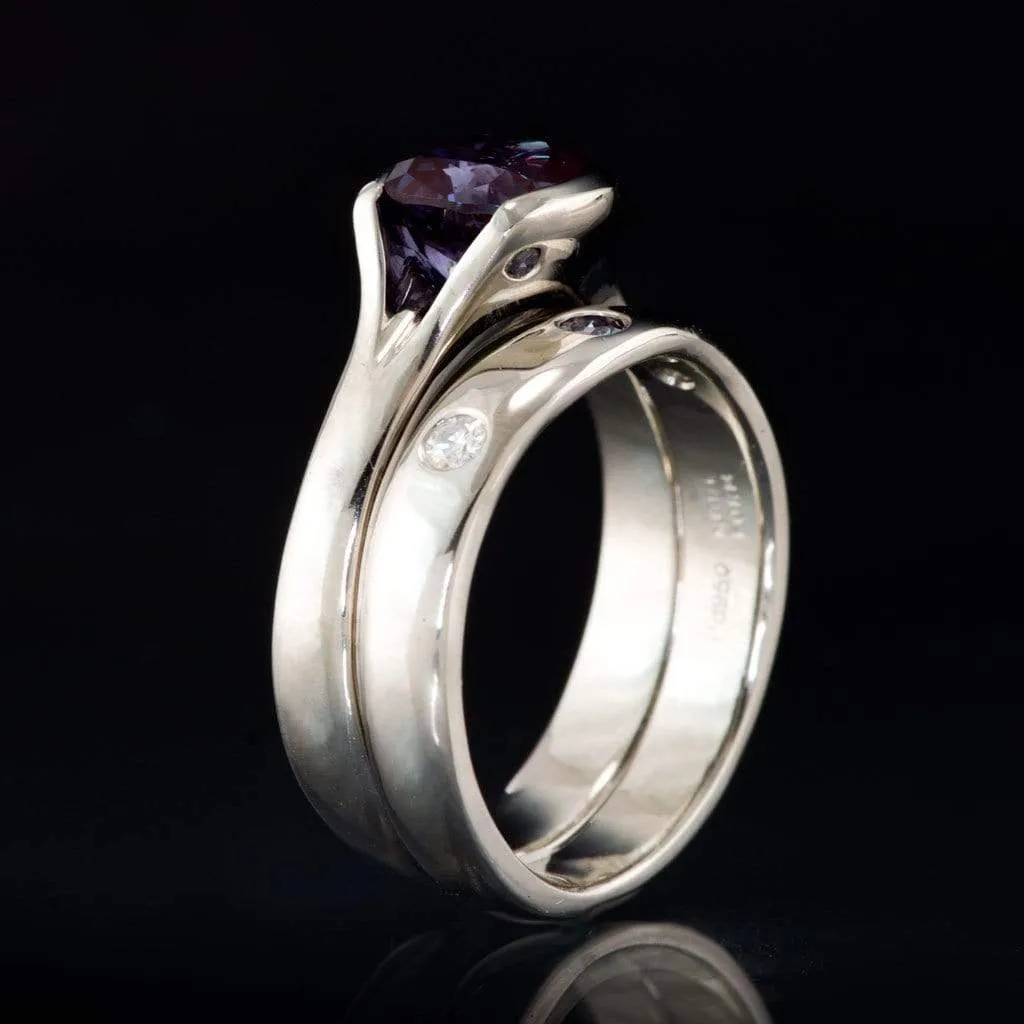 Moissanite and Alexandrite Fitted Contoured Wedding Ring Shadow Band