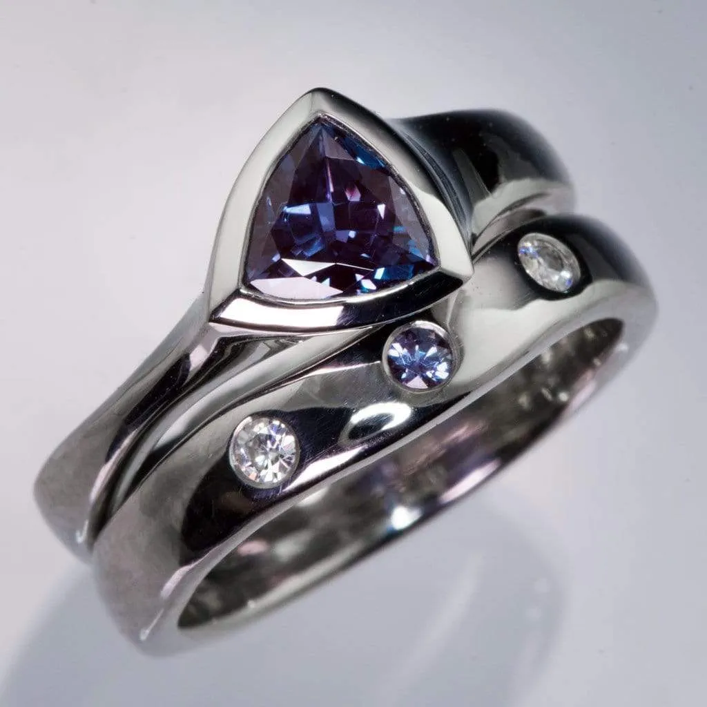 Moissanite and Alexandrite Fitted Contoured Wedding Ring Shadow Band