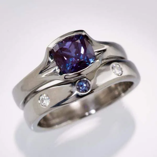 Moissanite and Alexandrite Fitted Contoured Wedding Ring Shadow Band