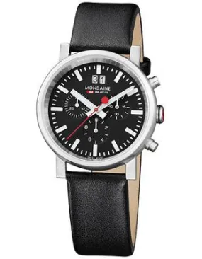 Mondaine Mens Evo Chrono Watch - Black Dial, Genuine Leather Strap, Double Date Window