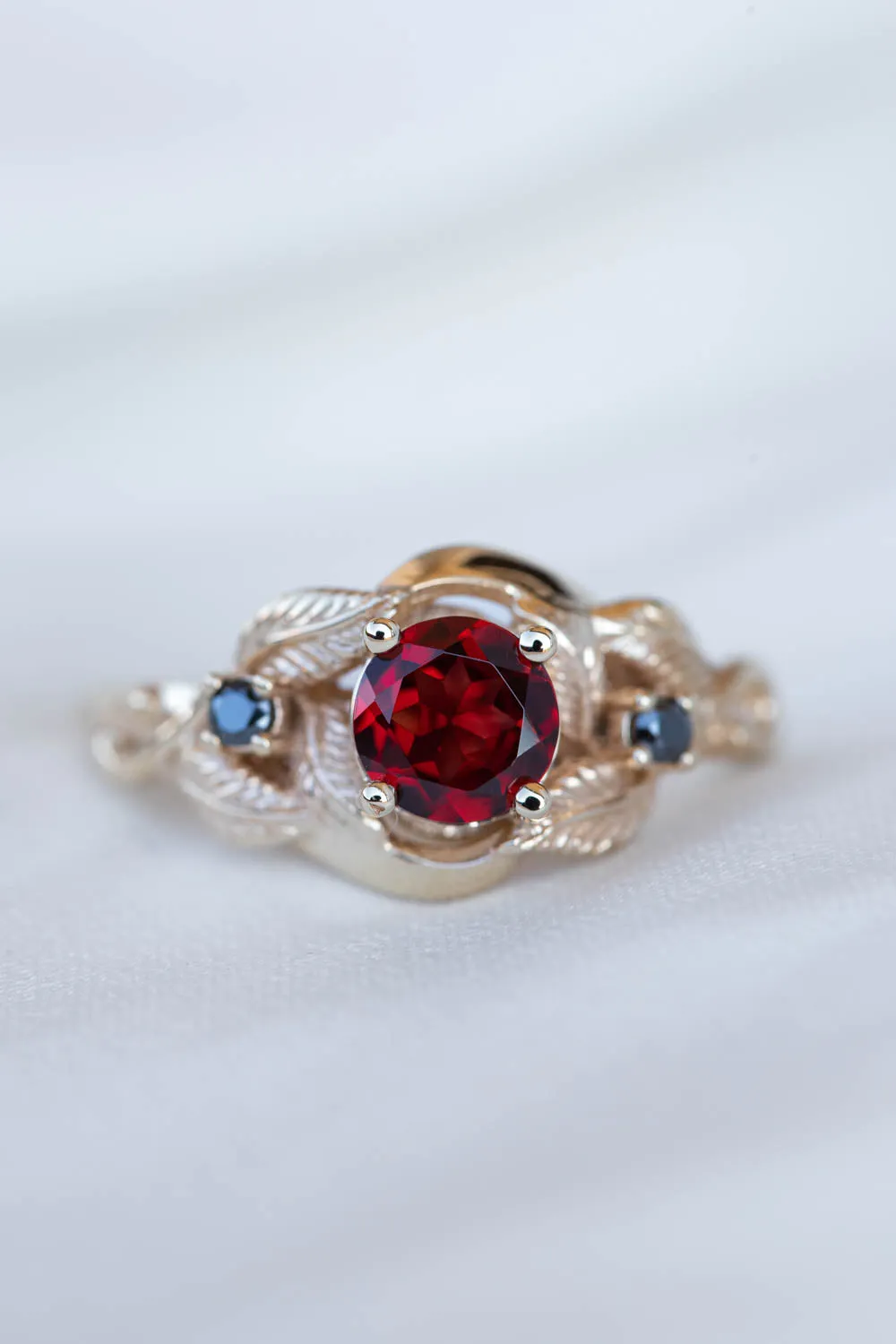 Natural garnet and black moissanites engagement ring, gold leaf proposal ring  / Azalea