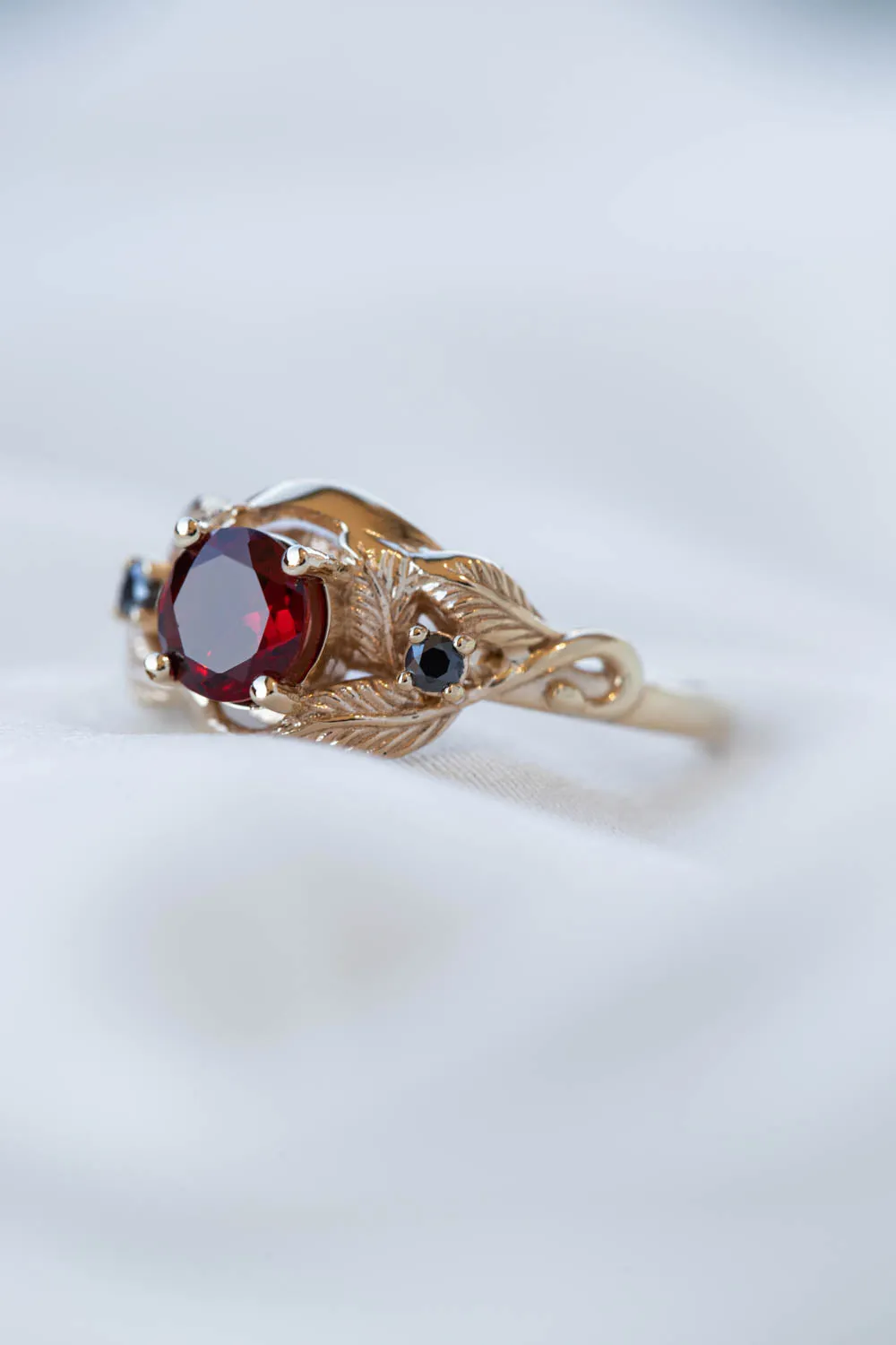 Natural garnet and black moissanites engagement ring, gold leaf proposal ring  / Azalea