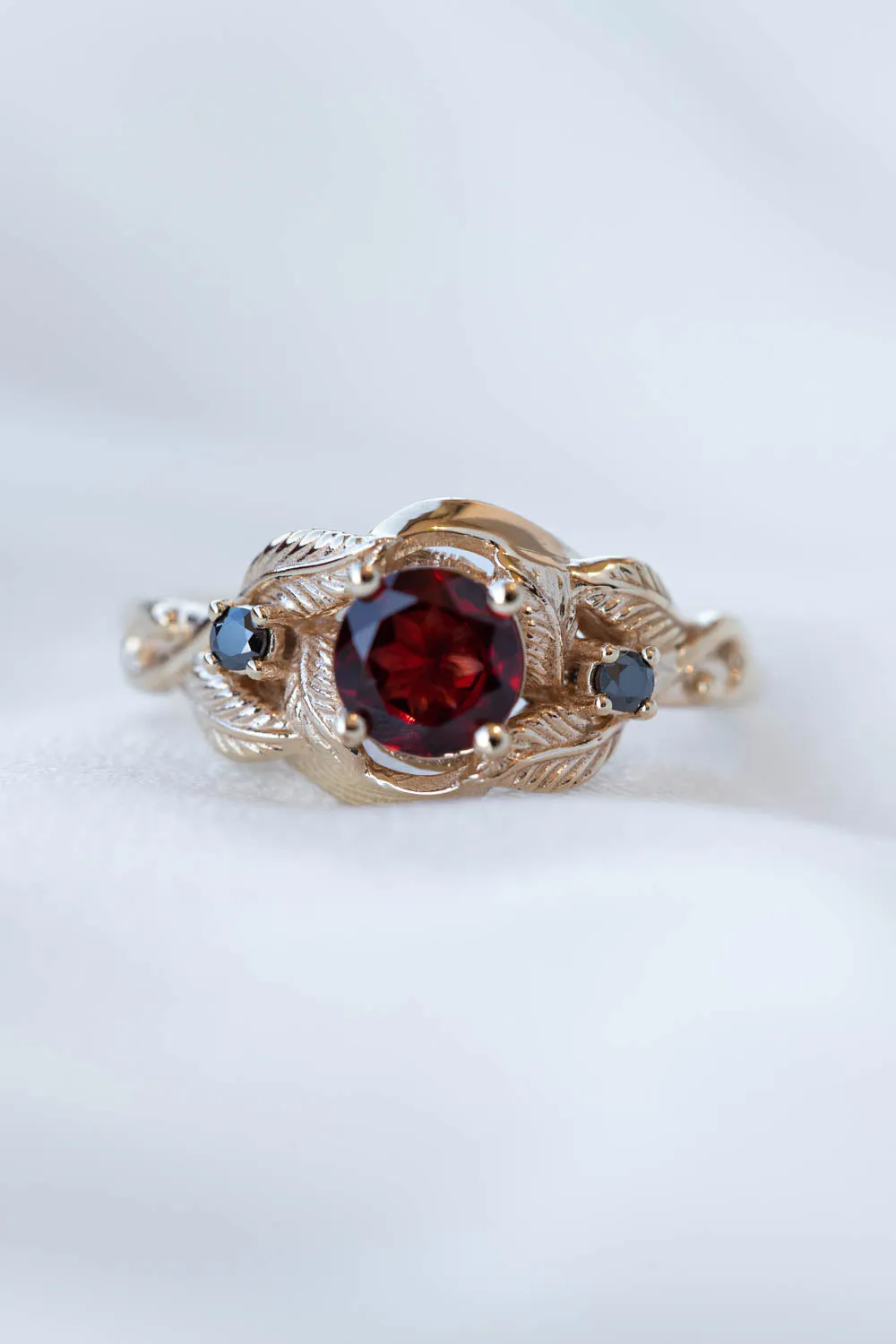 Natural garnet and black moissanites engagement ring, gold leaf proposal ring  / Azalea
