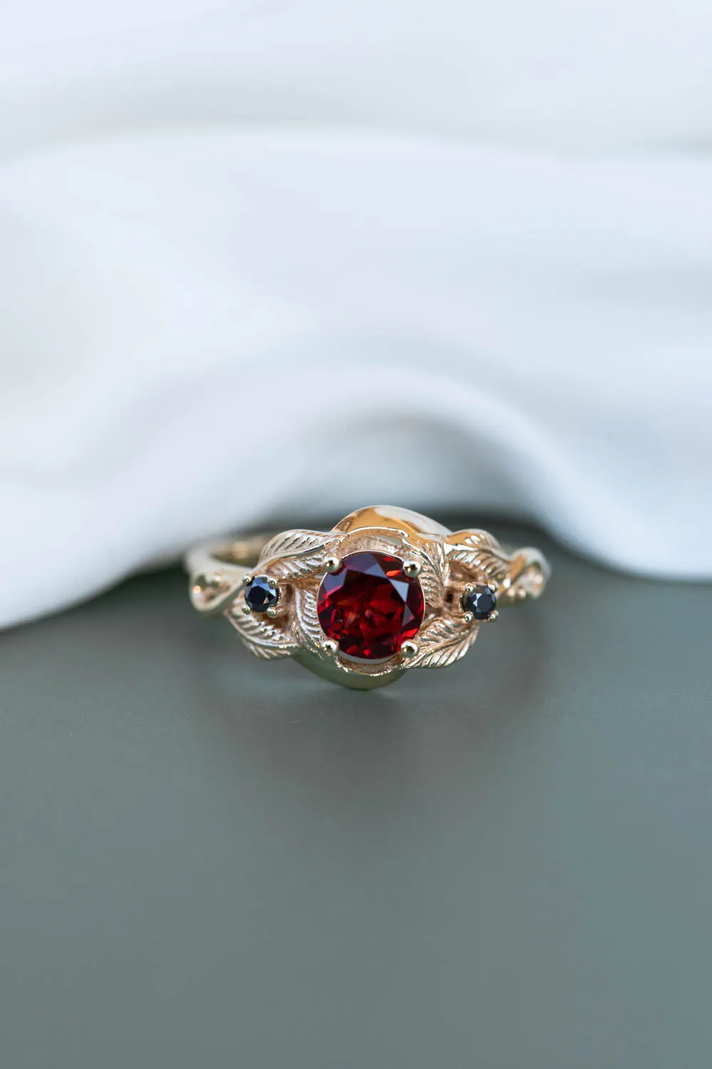 Natural garnet and black moissanites engagement ring, gold leaf proposal ring  / Azalea