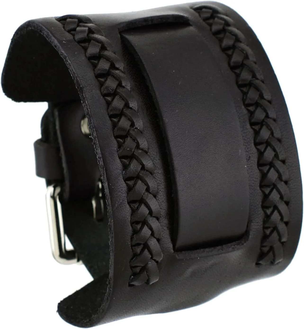 NW-K Black Side Braided Wide Leather Cuff Wrist Watch Band