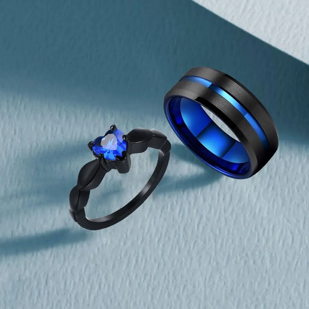 Personalized Couple Rings with Cubic Zirconia Matching Promise Rings for Him and Her Titanium Black CZ Wedding and Engagement Ring Set for Women and Men Comfort Fit Rings for Couples