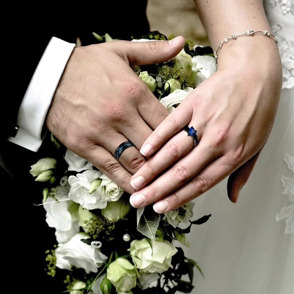Personalized Couple Rings with Cubic Zirconia Matching Promise Rings for Him and Her Titanium Black CZ Wedding and Engagement Ring Set for Women and Men Comfort Fit Rings for Couples