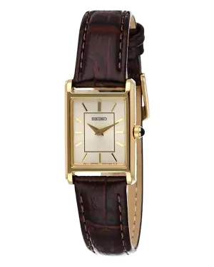 SEIKO Essentials Watch for Women - Essentials - Water Resistant with Stainless Steel Rectangular Case and Leather Strap