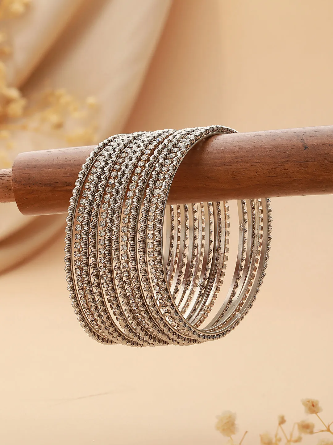 Set Of 12 Cz Studded & Oxidised Silver Bangles