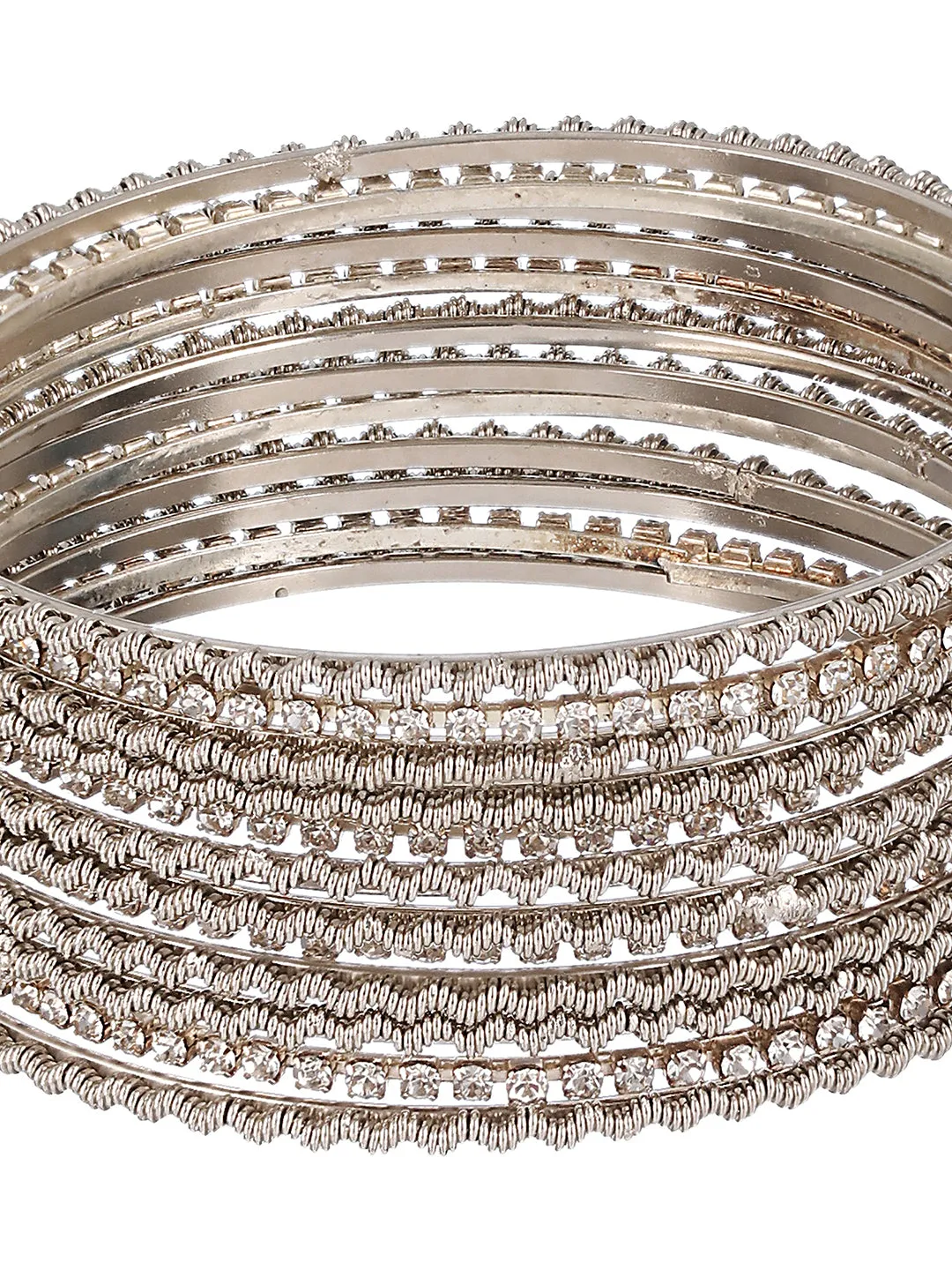 Set Of 12 Cz Studded & Oxidised Silver Bangles
