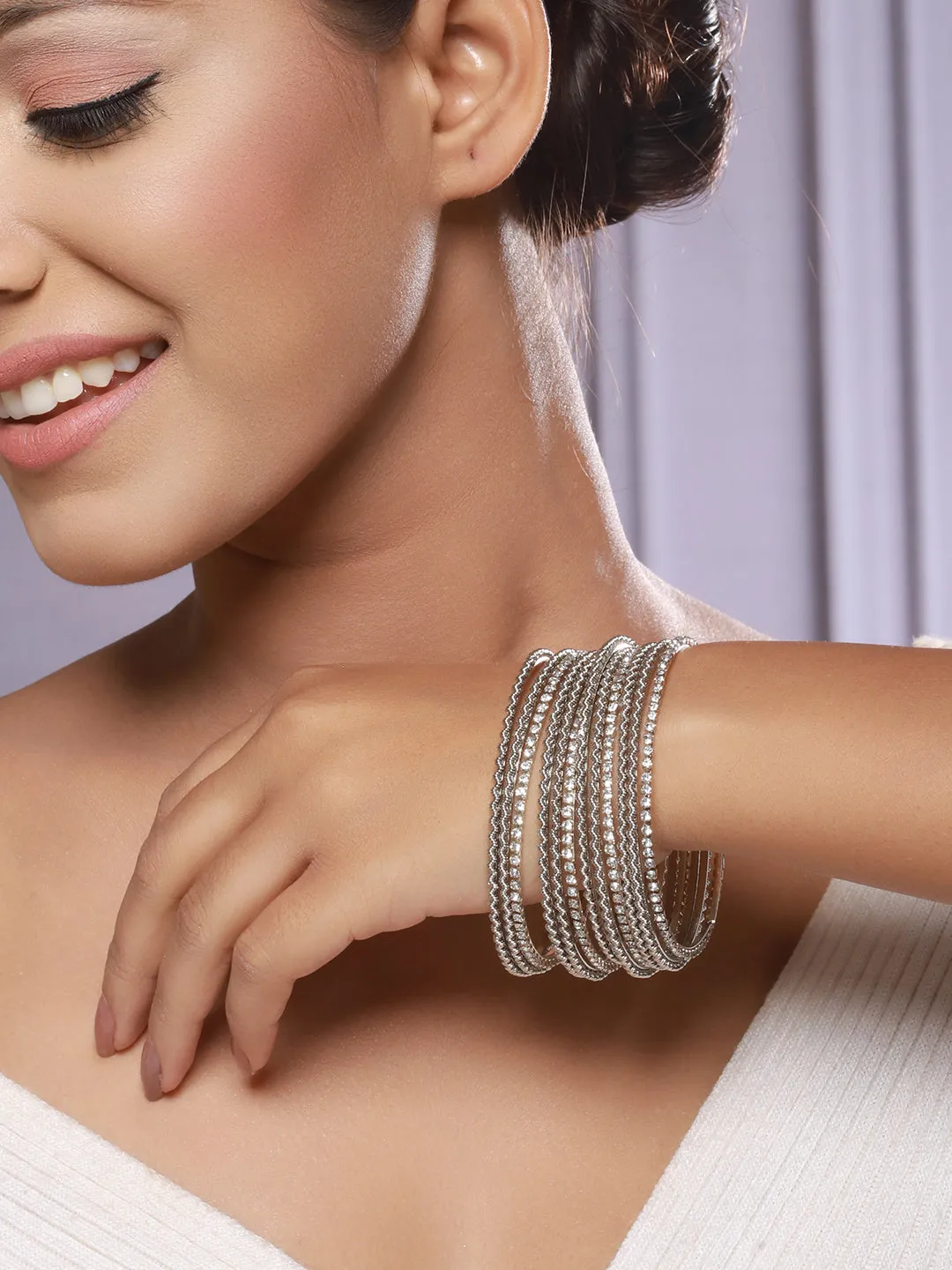 Set Of 12 Cz Studded & Oxidised Silver Bangles
