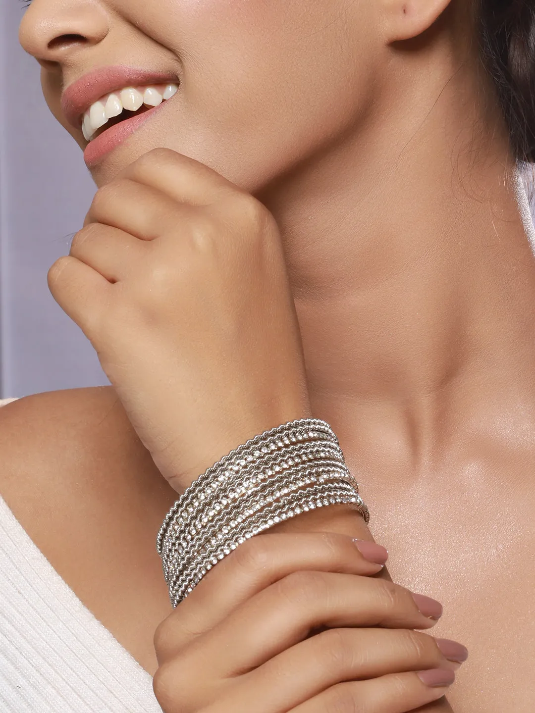 Set Of 12 Cz Studded & Oxidised Silver Bangles