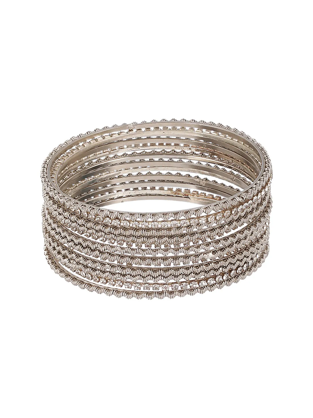 Set Of 12 Cz Studded & Oxidised Silver Bangles