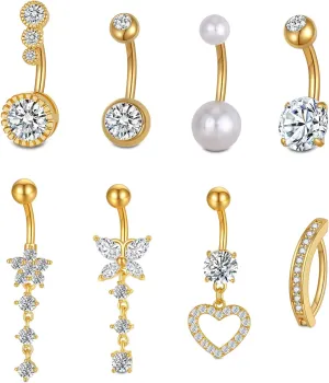 Spiritlele 8Pcs Belly Button Rings for Women 14G Gold Silver CZ Belly Rings Stainless Steel Dangle Clicker Navel Ring Piercing Jewelry with Heart Butterfly
