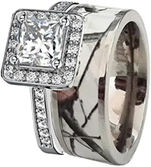 Women`s White Titanium Camo and Sterling Silver Halo Engagement Wedding Rings Set SP18ERWC9