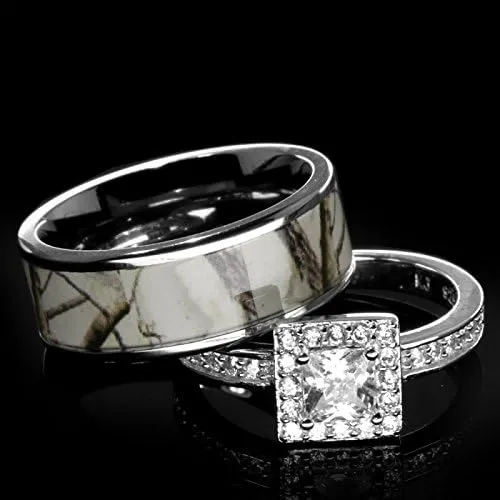 Women`s White Titanium Camo and Sterling Silver Halo Engagement Wedding Rings Set SP18ERWC9