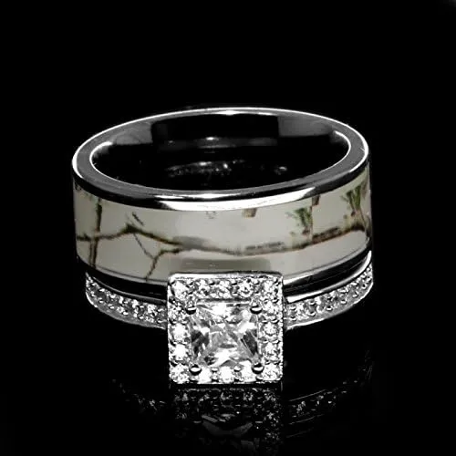 Women`s White Titanium Camo and Sterling Silver Halo Engagement Wedding Rings Set SP18ERWC9