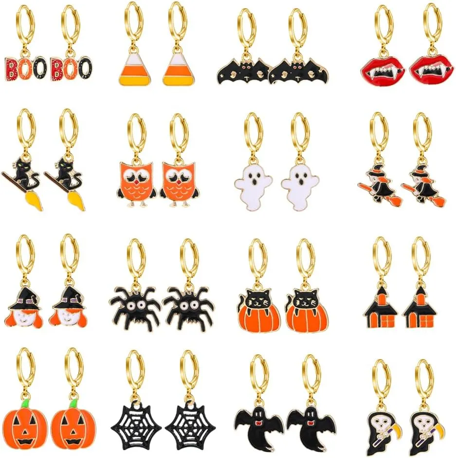 Yoshow 16 Pairs Hypoallergenic Halloween Earrings for Women Teen Girls Dangle Drop Hoop Earrings Set Fall Earrings Pumpkin Spider Bat Black Cat Ghost Witch Spooky Halloween Jewelry